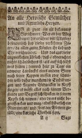 An alle Heroische Gemüther und Ritterliche Hertzen.