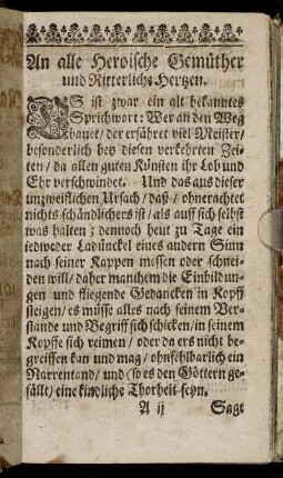 An alle Heroische Gemüther und Ritterliche Hertzen.
