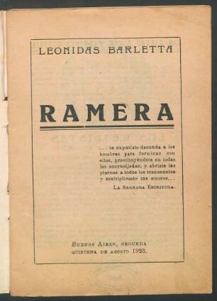 1923000100: Ramera : novela realista del amor canalia, en el bajo fondo porteño