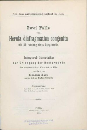 Zwei Fälle von Hernia diafragmatica congenita mit Abtrennung eines Lungenteils