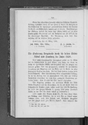 Die Eroberung Bergedorfs durch die beiden Städte Lübeck und Hamburg im Jahre 1420.