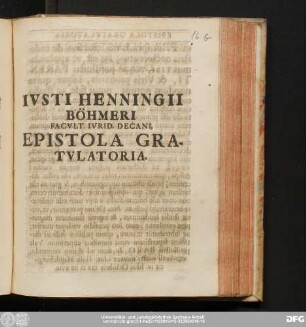 Ivsti Henningii Böhmeri Facvlt. Ivrid. Decani, Epistola Gratvlatoria