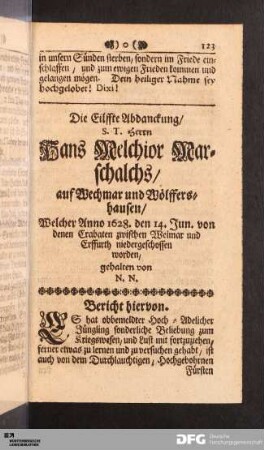 Die Eilffte Abdanckung/ S. T. Herrn Hans Melchior Marschalchs/ auf Wechmar und Wölffershausen