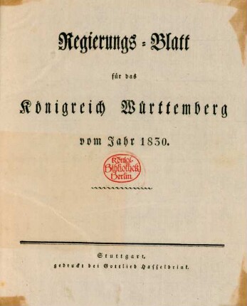 1830: Regierungsblatt für das Königreich Württemberg