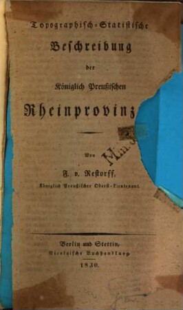 Topographisch-Statistische Beschreibung der Königlich Preußischen Rheinprovinzen