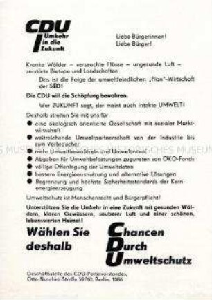 Flugblatt des CDU-Parteivorstandes Berlin zum Umweltschutz
