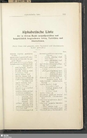 Alphabetische Liste der in diesem Bande neuaufgestellten und hauptsächlich besprochenen Arten, Varietäten und Aberrationen