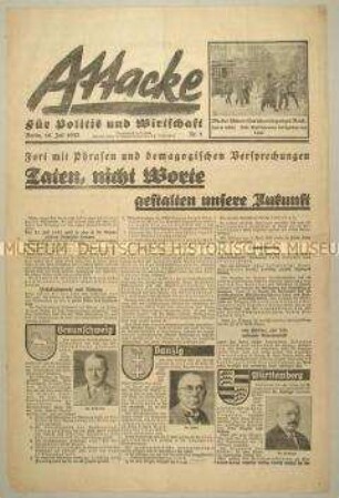 Deutschnationale Wahlzeitung "Attacke" aus dem Vorfeld der Reichstagswahl vom 31. Juli 1932