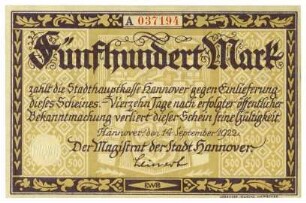Notgeldschein: Stadt Hannover, 500 Mark