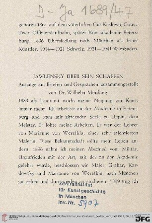 Jawlensky über sein Schaffen