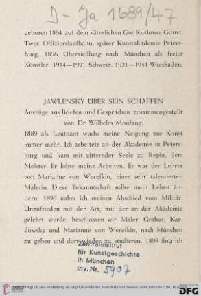 Jawlensky über sein Schaffen