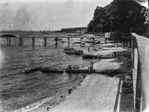 Anschwemmungen in Oyster Bay : Blick auf die Uferpromenade und die Seebrücke der Stadt Oyster Bay auf Long Island. Unterhalb der hölzernen Promenade ist die Ablagerung feiner Semidente zu erkennen.
