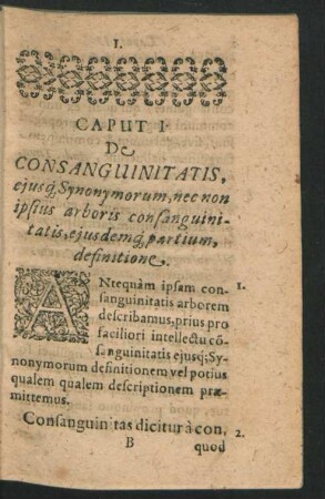 Caput I. De Consanguinitatis, eiusque Synonymorum, nec non ipsius arboris consanguinitatis, eiusdemque partium, definitione.