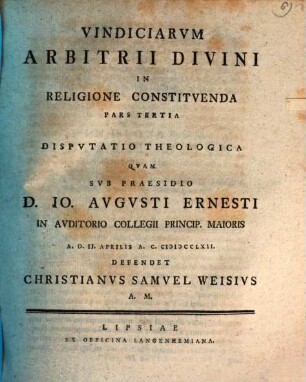 Vindiciae Arbitrii Divini In Religione Constitvenda. 3