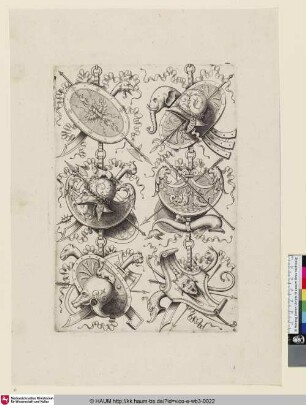 [Le second trophée offre au milieu un bouclier orné d'un combat entre des Tritons; Six Shields, One with Elephant; Sechs Schilder, einer mit Elefant]