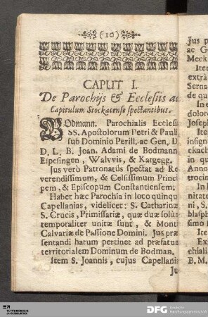 Caput I. De Parochys & Ecclesiis ad Capitulum Stockacense spectantibus.