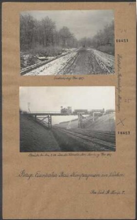 Brücke bei km 2,114 über die Vollbahn Metz-Saarburg. (Feldbahn Baldershofen-Herlingen)