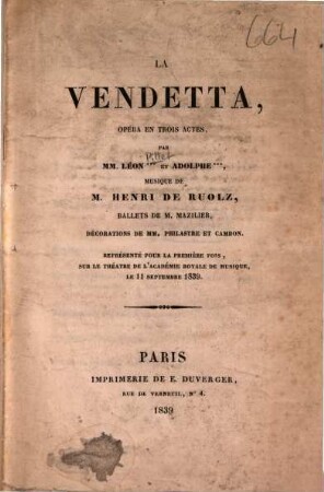La vendetta : opéra en 3 actes