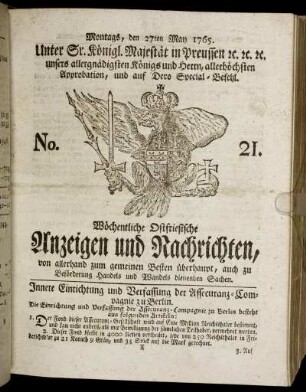 No. 21. Montags, den 27ten May 1765.