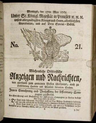 No. 21. Montags, den 27ten May 1765.
