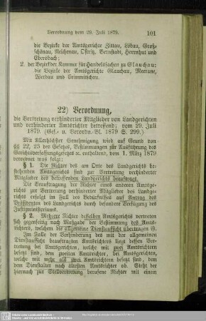 22) Verordnung, die Vertretung verhinderter Mitglieder von Landgerichten und verhinderter Amtsrichter betreffend; vom 29. Juli 1879