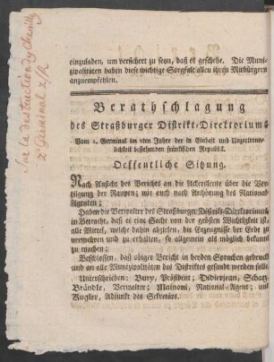 Berathschlagung des Straßburger Distrikt-Direktoriums ...