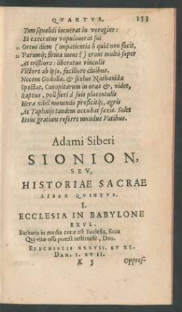 Adami Siberi Sionion, Seu, Historiae Sacrae Liber Quintus.