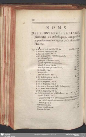 Noms Des Substances Salines, pierreues ou métalliques, auxquelles appartiennent les figures de la septième Planche