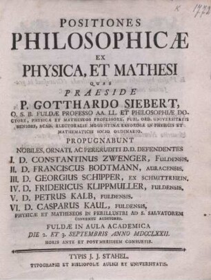 Positiones philosophicæ ex physica, et mathesi