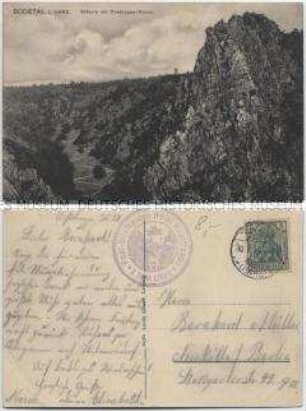 Schurre mit Rosstrappe-Felsen im Bodetal im Harz