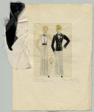 Zwei Figurinen und eine Detailansicht: Ein rückenfreies, bodenlanges Kleid mit zugehöriger Jacke, mit Materialproben (Archivtitel)