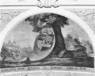"Vera sapientia demonstratur", Allegorien der Weisheit mit Bezug auf die Klosterbibliothek — Wappen des Klosters Strahov