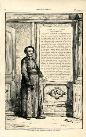 The Luther of the Nineteenth Century : in der Zeichnung befindet sich ein Textblock. Ignaz von Döllinger heftet ein Plakat an eine Kirchentür (zu S. 650)