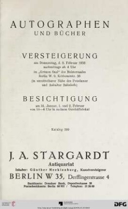 Nr. 399: Katalog / J. A. Stargardt: Autographen und Bücher : Versteigerung 3. Februar 1938