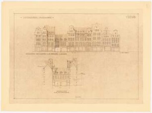 Nachkriegsneugestaltung der Kreuzung Kohlmarkt, Breite Straße, Wahmstraße, Sandstraße, Lübeck: Aufriss 1:200 der Vorderansicht der (östlichen) Häuserzeile Breite Straße und Sandstraße (1 - 7) mit der Einmündung der Wahmstraße; Aufriss 1:200 der Überbauung der Wahmstraße