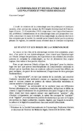 295-299, La criminologie et ses relations avec les politiques et pratiques sociales