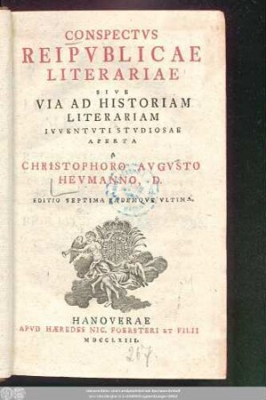 Conspectvs Reipvblicae Literariae Sive Via Ad Historiam Literariam Ivventvti Stvdiosae