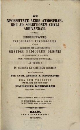 De necessitate aëris atmosphaerici ad sorbitionem chyli adiuvandam : Diss. inaug. physiol.