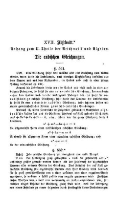 XVII. Abschnitt. Anhang zum II. Theile der Arithmetischen Algebra. Die cubischen Gleichungen.