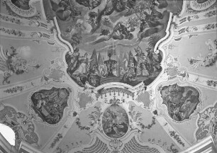Günzburg, Frauenkirche, Langhausdecke; Stukkatur von Dominikus Zimmermann unter Beteiligung von Thomas Gering; Dominikus Zimmermann; Thomas Gering; Anton Enderle (Deckengemälde)