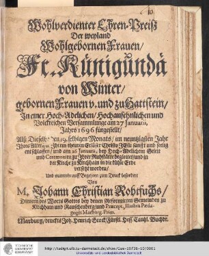 Wohlverdienter ehren-Preiß der weyland wohlgebornen Frauen Fr. Kunigunda von Winter