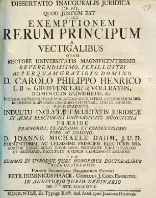 Dissertatio Inauguralis Juridica De Eo, Quod Justum Est Circa Exemptionem Rerum Principum A Vectigalibus