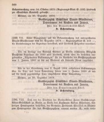 189. Ministerial-Bekanntmachung, die Arzneitaxe für das Jahr 1880 betreffend