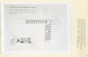 Altersheim, Berlin-Schmargendorf (Diplomarbeit bei Kurt Dübbers): Grundriss 2. - 3. Obergeschoss 1:200 und Perspektivische Ansicht