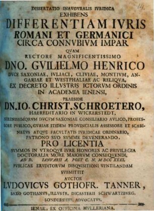 Dissertatio inauguralis iuridica exhibens differentiam iuris rom. et germ. circa connubium impar