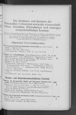 Die Seminare und Institute der Hansischen Universität sowie die wissenschaftlichen Anstalten, Bibliotheken und sonstigen wissenschaftlichen Institute
