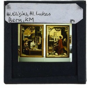 Manuel, zwei Flügel eines Altars der heiligen Anna : links: Der heilige Eligius in seiner Werkstatt, rechts: Der heilige Lukas malt die Madonna