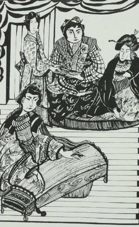 Illustration zu "Prinz Genji" : Baltzer-Wuttke, Hilla: Illustration zu "Prinz Genji". Blatt 9 mit Musikantin. 1953. Federzeichnung; 31 x 23 cm. 3. Deutsche Kunstausstellung Dresden, Albertinum, 1953.03-1953.05