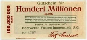 Geldschein / Notgeld, 100 Millionen Mark, 28.9.1923