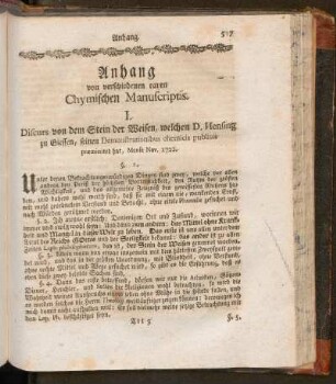 Anhang von verschiedenen raren Chymischen Manuscriptis
